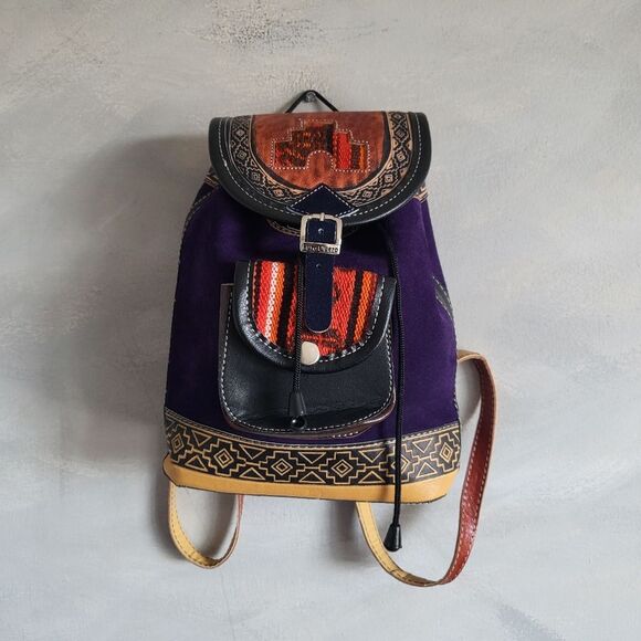 Multicolor Faux Leather Suede Boho Hippie Southwestern Small Backpack Inca Enlay